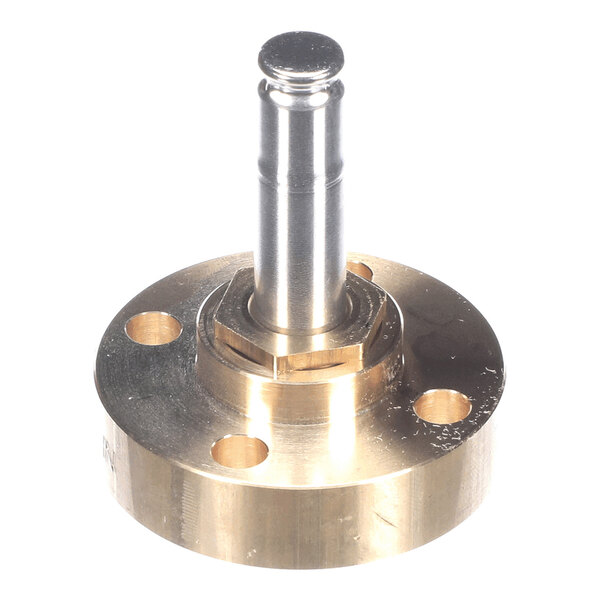 A metallic component with a cylindrical shaft and a round base featuring four holes, likely part of a mechanical or industrial assembly.