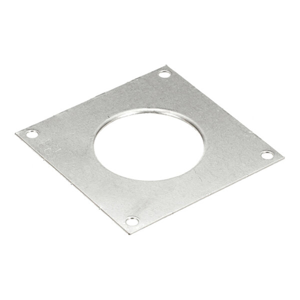 A square metallic plate with a large central circular hole and four smaller holes near each corner.