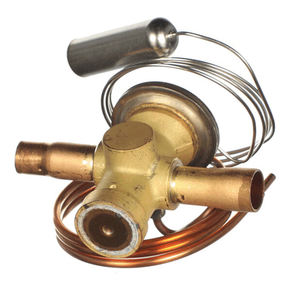 A brass valve with copper tubing and a coiled metal sensor attached.