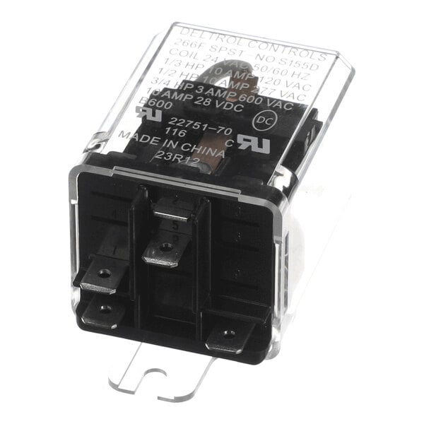 A rectangular electrical relay with a transparent plastic cover, visible metal terminals, and printed specifications on the top surface.