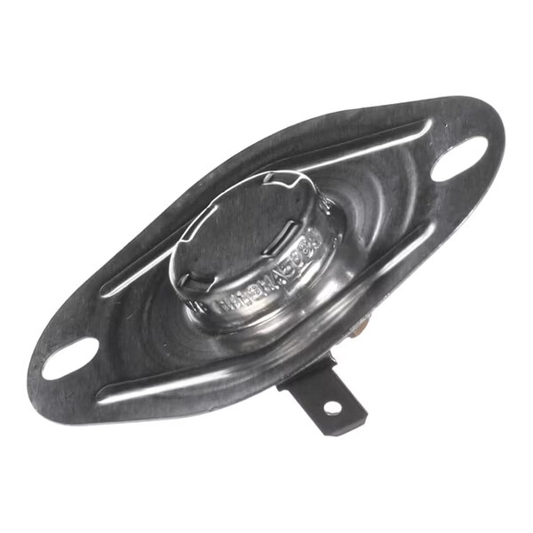A metallic component with a round central section, two mounting holes, and an electrical terminal.