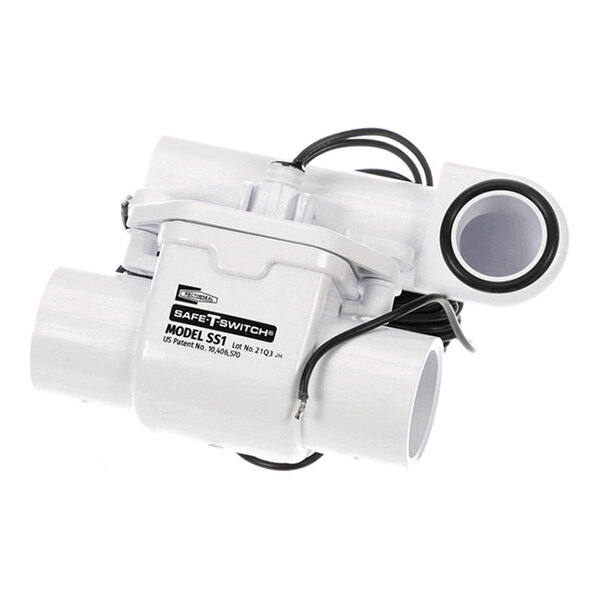 A white plastic device with cylindrical pipe connections and attached black wires, labeled 'Safe-T-Switch Model SS1' on the front.