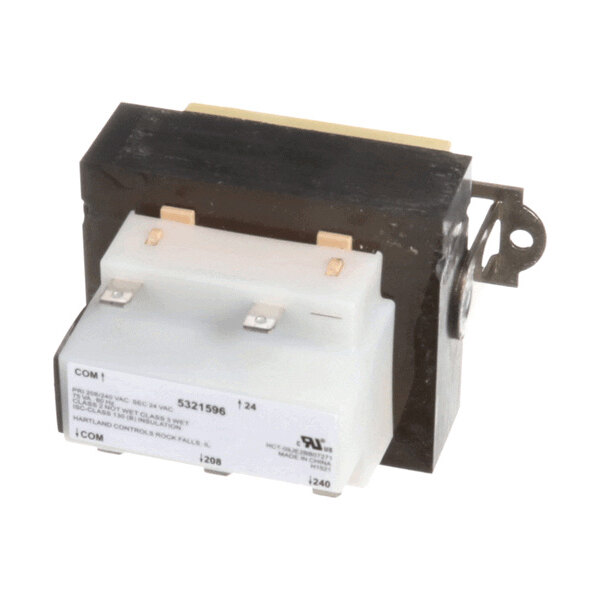 A rectangular electrical transformer with a black metal casing and a white plastic terminal block, featuring several metal connectors and a mounting bracket.