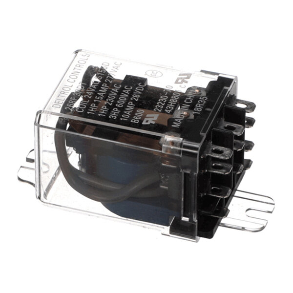 A clear plastic-cased electrical relay with multiple metal terminals and visible internal wiring.