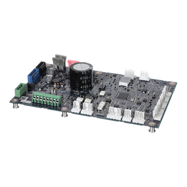A rectangular electronic circuit board with various connectors, capacitors, and components mounted on it, supported by four metal standoffs.