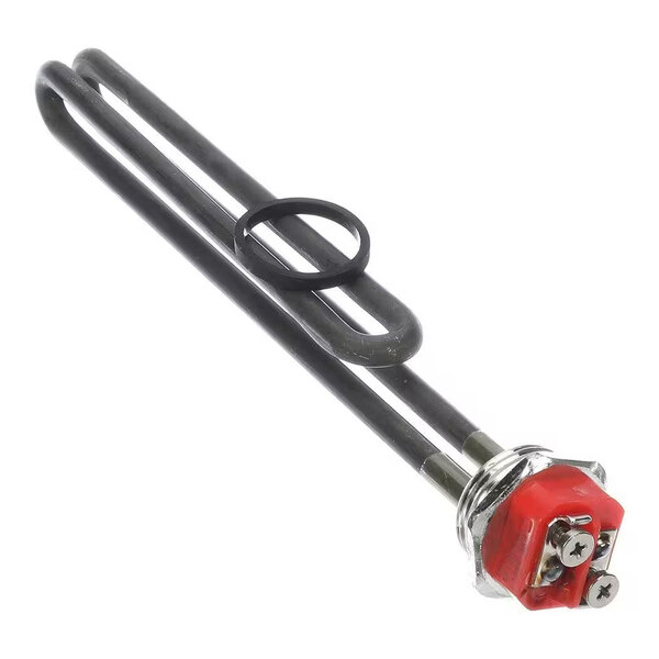 A metal heating element assembly with a red base, two screw terminals, and a black rubber gasket.