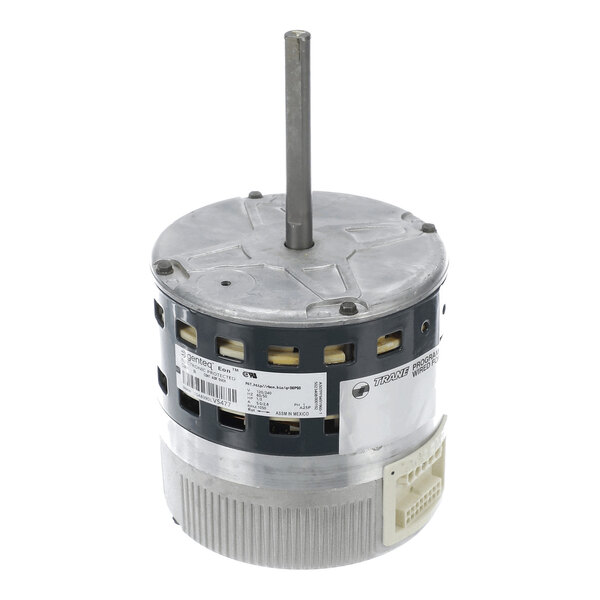 A cylindrical electric motor with a central shaft, metallic housing, ventilation slots, and a white connector at the base.