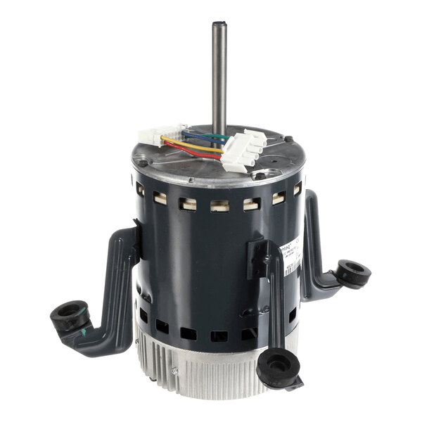 A cylindrical electric motor with a vertical shaft, attached mounting brackets, and a visible wiring harness with colored wires and connectors on top.