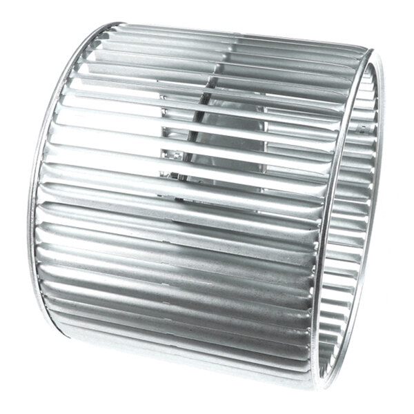 A cylindrical metal fan wheel with evenly spaced blades and open ends.