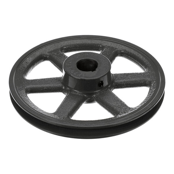 A black metal wheel with a central hub and five spokes, featuring a single groove around its outer edge.