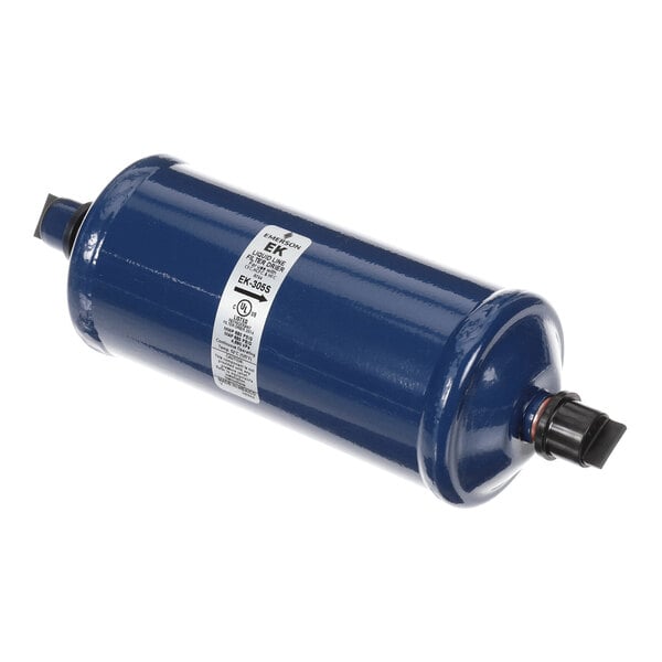 A cylindrical blue metal component with capped ends and a label in the center, likely a filter or drier for a mechanical system.
