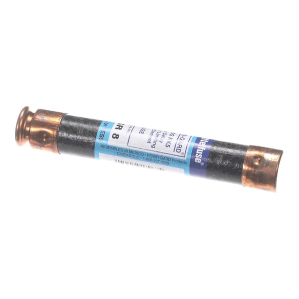 A cylindrical fuse with copper-colored metal ends and a labeled body.