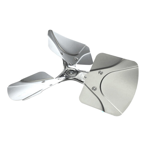 A metallic, three-blade fan component with a central mounting hub.