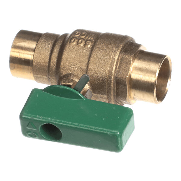 A brass ball valve with a green lever handle.