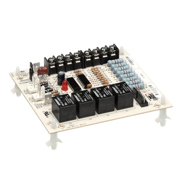 An electronic control board with multiple relays, resistors, capacitors, and terminal connectors mounted on a rectangular circuit board with four standoff legs.