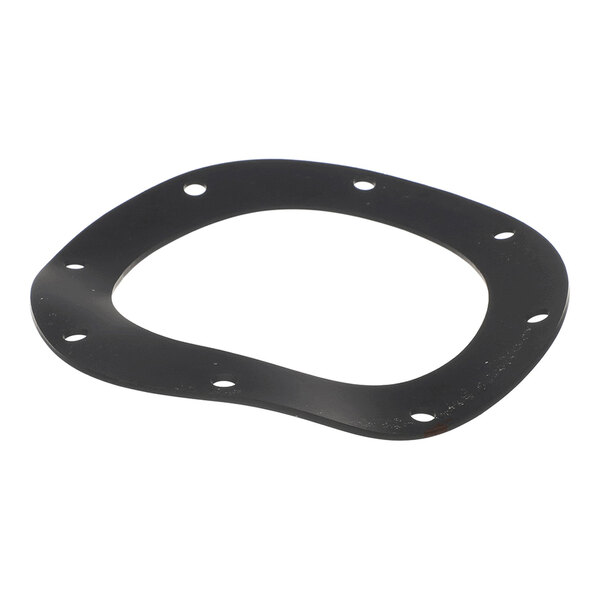 A flat, black, irregularly shaped gasket with eight evenly spaced bolt holes around its perimeter.