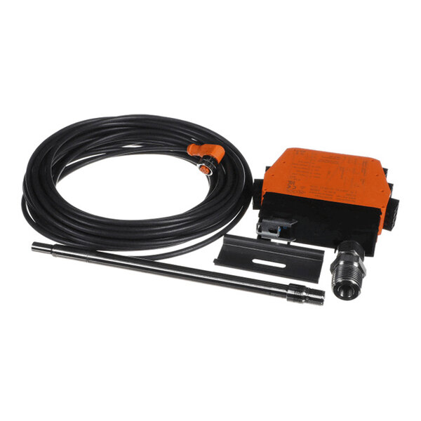 A coiled black cable with an orange connector, a rectangular orange and black device, a metal rod, and a mounting bracket are shown.