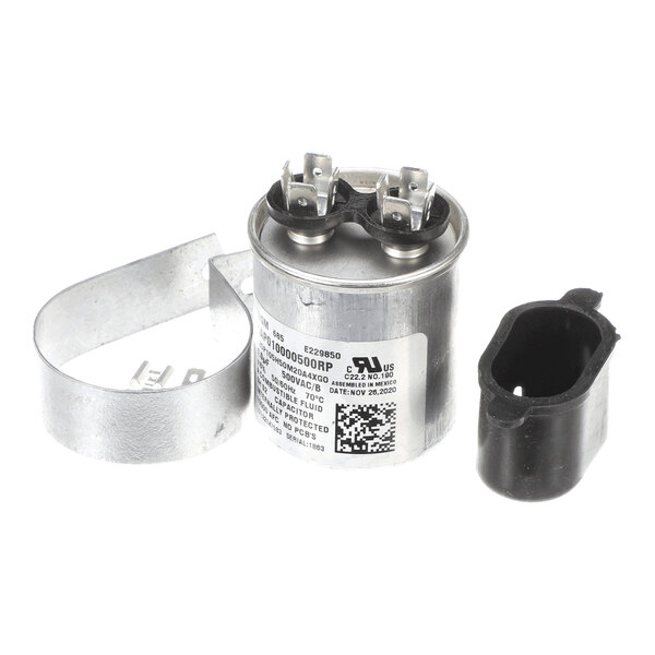A cylindrical metal capacitor with two terminals on top, accompanied by a metal mounting bracket and a black plastic cover.