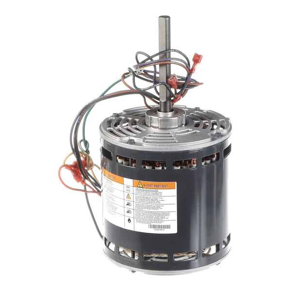 A cylindrical electric motor with a vertical shaft, attached wires, and a label with specifications on its side.