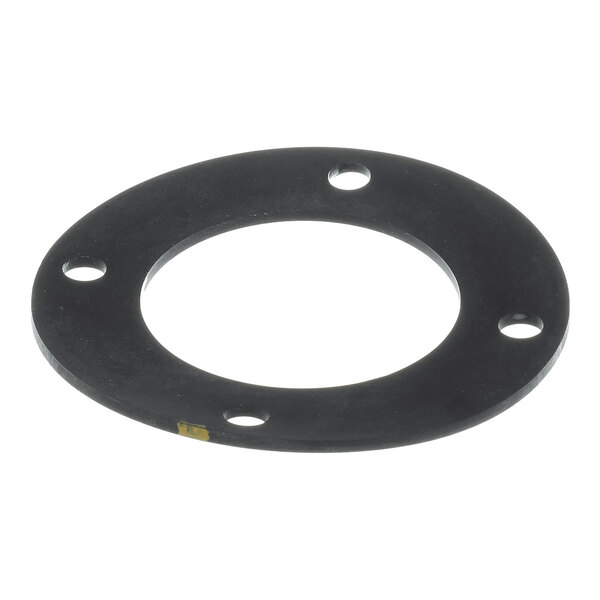 A flat, circular black gasket with a large central hole and four evenly spaced smaller holes near the edge.