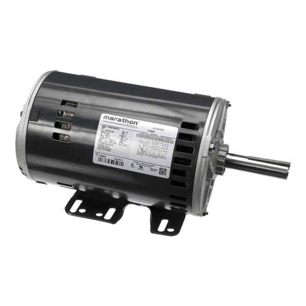 A cylindrical electric motor with a metal mounting base, visible shaft, and a label displaying technical specifications.