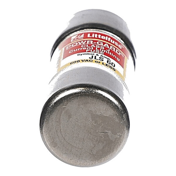 A cylindrical metal fuse with a labeled body indicating specifications such as 60A and 600V.