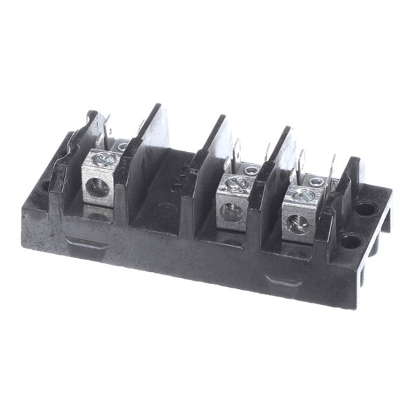 A black rectangular terminal block with three metal screw terminals and vertical dividers.