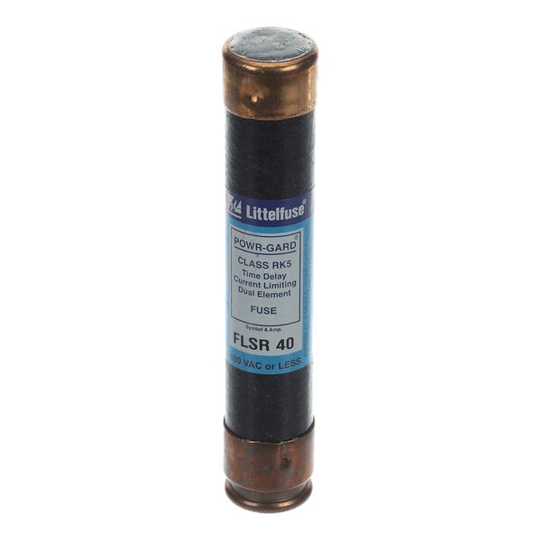 A cylindrical fuse with metallic ends and a labeled body indicating specifications such as Littelfuse brand, 40 amp rating, and 600 VAC or less.
