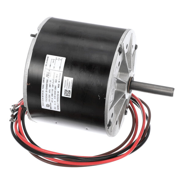 A cylindrical electric motor with a black housing, a protruding metal shaft, and several red and black wires attached.