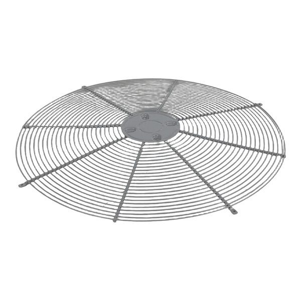 A round, metal wire fan guard with a central mounting plate and radiating support spokes.