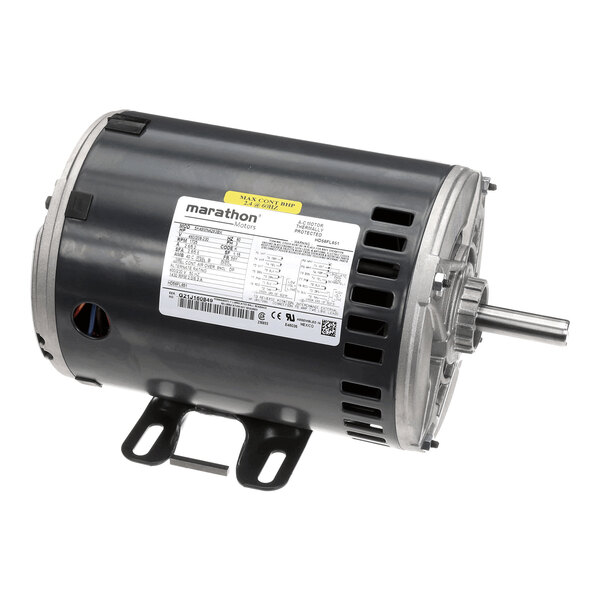 A cylindrical electric motor with a metal mounting bracket, visible shaft, and a label displaying technical specifications.