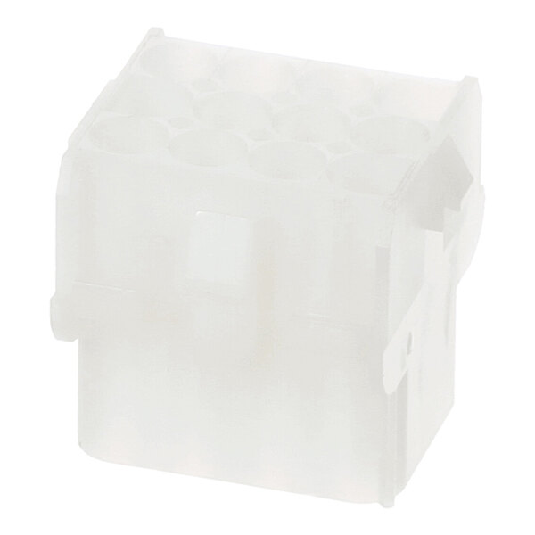 A translucent, rectangular plastic connector housing with multiple circular openings on the top and latch features on the sides.