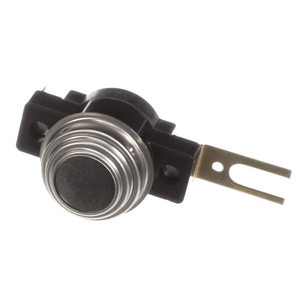 A small electronic component with a round metallic front, black plastic housing, and a flat metal terminal extending from the side.