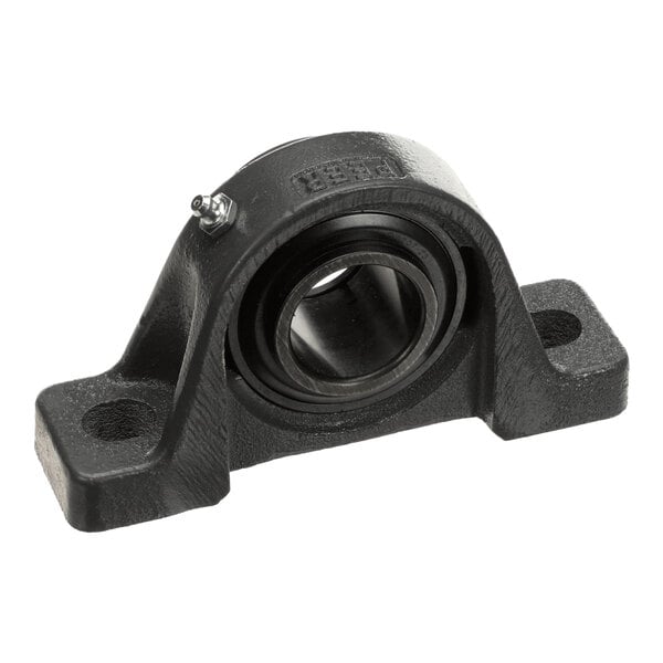 A black metal bearing housing with a central circular opening and two mounting holes on either side.