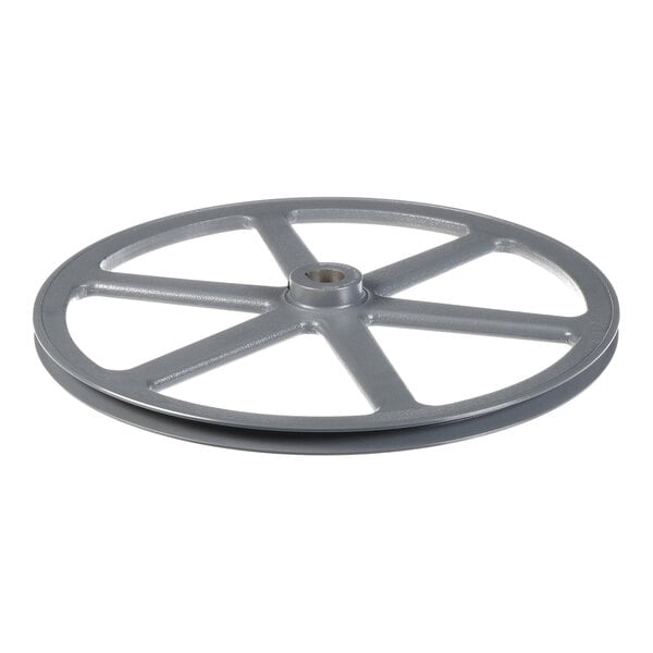 A metal wheel with six spokes and a central hub, likely a sheave or pulley component.