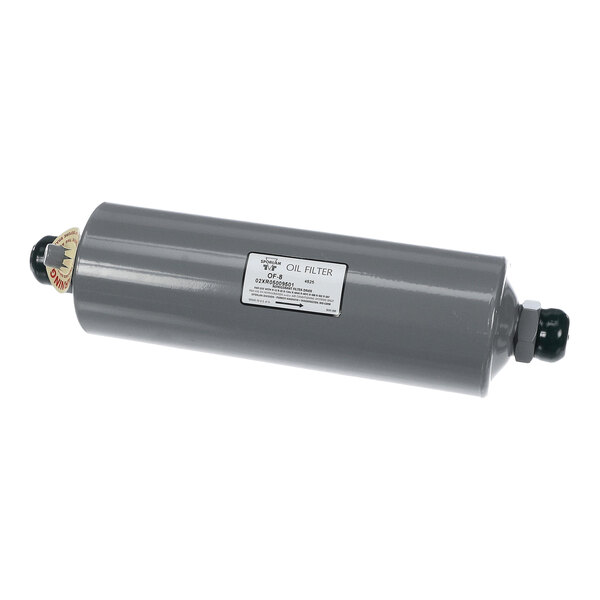 A cylindrical gray metal component with fittings on both ends and a label in the center.
