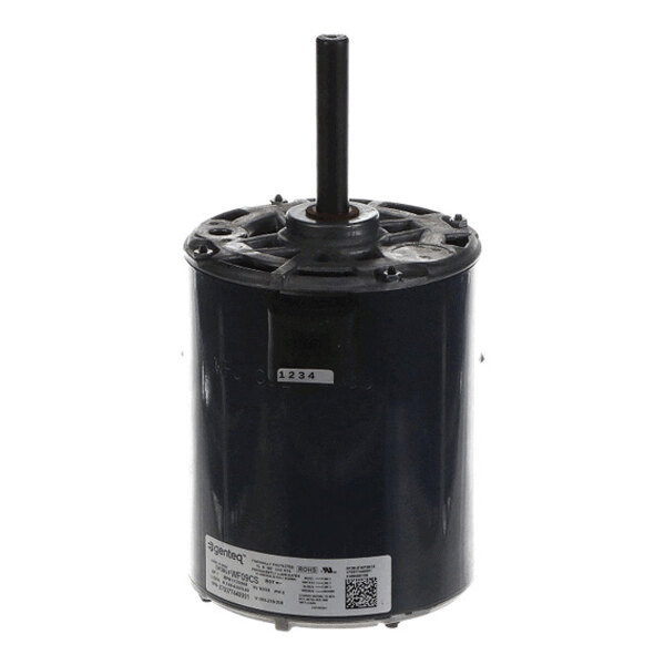 A cylindrical black electric motor with a central shaft extending vertically from the top and a label with specifications on the lower side.