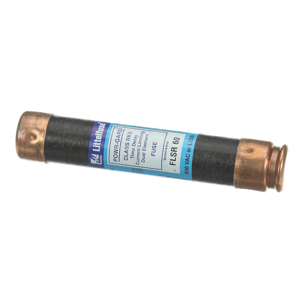 A cylindrical fuse with copper-colored metal ends and a black body, featuring a blue and white label with technical specifications.