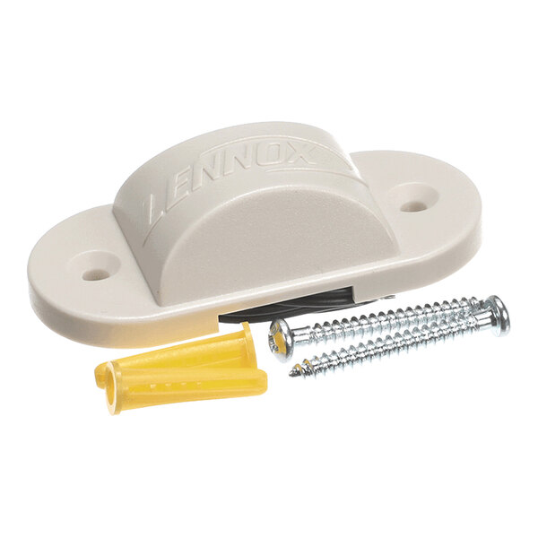 A beige plastic component with the word 'LENNOX' embossed on it, accompanied by two screws and a yellow wall anchor.