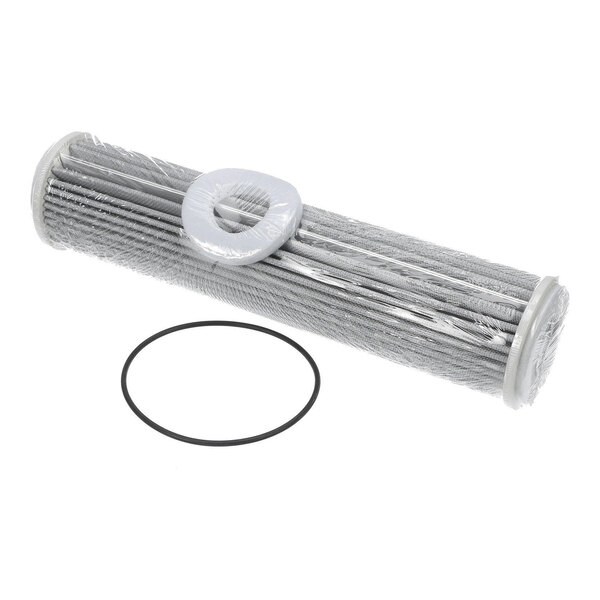 A cylindrical pleated filter element with a circular gasket and an O-ring placed beside it, all wrapped in plastic.