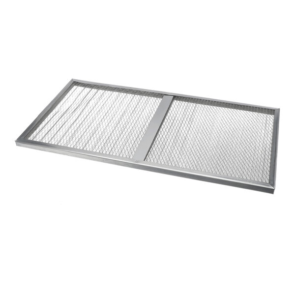 A rectangular metal mesh filter with an aluminum frame and a central support bar, photographed on a white background.