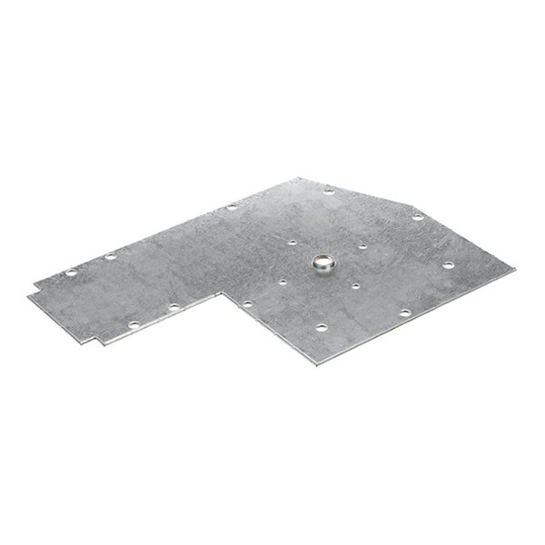 A flat, irregularly shaped metal plate with multiple holes and a raised circular feature in the center.