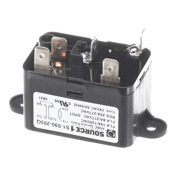 A black rectangular electrical relay with metal terminals and a white label displaying technical specifications and wiring diagram.