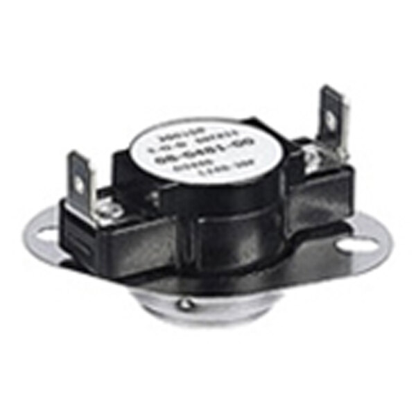 A small black and silver electronic component with two metal terminals and a round base, likely a temperature control or limit switch.