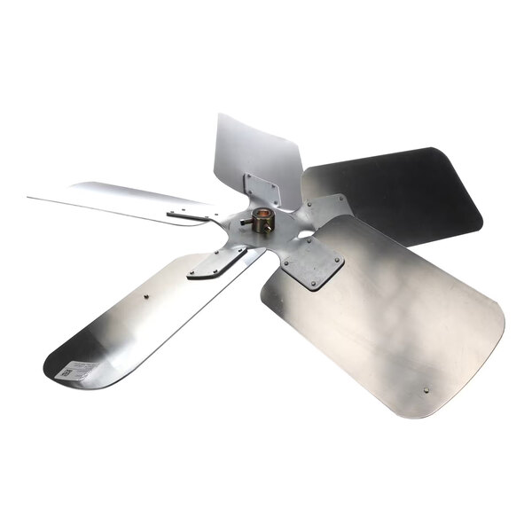 A five-blade metallic fan with a central mounting hub and slightly curved blades.