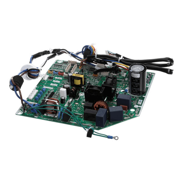 A green printed circuit board with various electronic components, wires, and connectors attached.