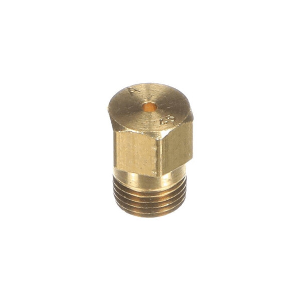 A small brass hexagonal fitting with a threaded end and a central hole on the top surface.