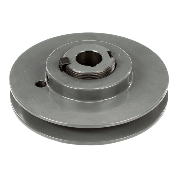 A metal pulley wheel with a central hole and a keyway, featuring a single groove around its circumference.