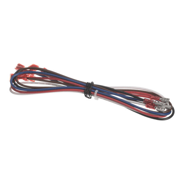 A bundle of multicolored electrical wires with metal connectors on both ends, secured together with a twist tie.