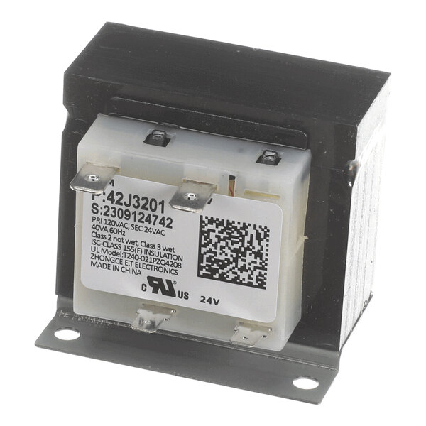A rectangular electrical transformer with a metal mounting base, four terminal connectors, and a white label displaying technical specifications and a QR code.